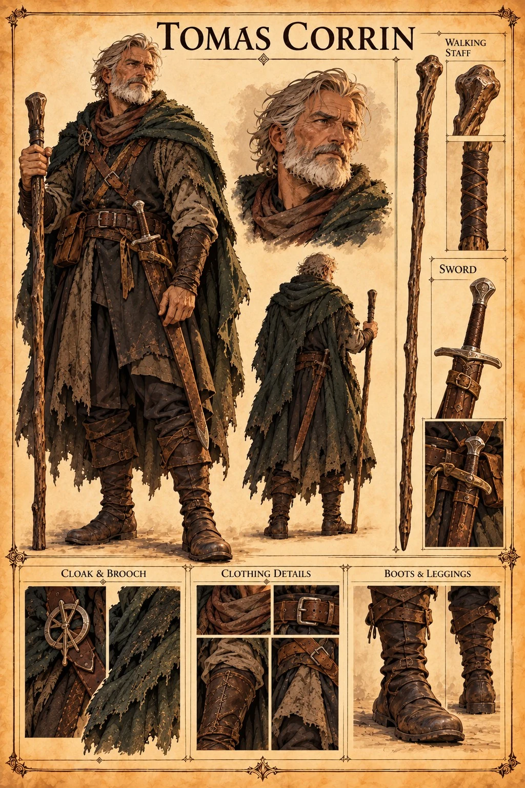 Character reference sheet showing Tomas Corrin with front, back, and portrait views, a walking staff, sword, cloak and brooch, and clothing, boot, and legging details.