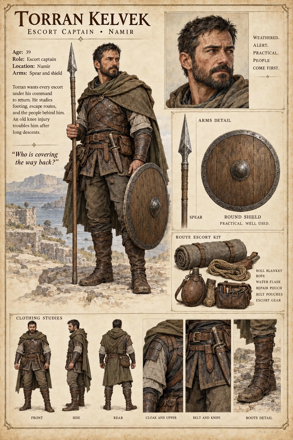 Character reference plate showing Torran Kelvek with a portrait, armor, a sword, a round shield, and travel equipment.