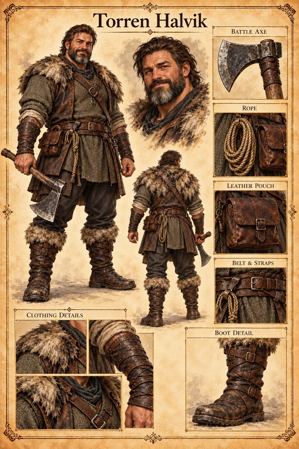 Character reference sheet showing Torren Halvik with front, back, and portrait views, a battle axe, rope, leather pouch, and fur-trimmed clothing and boots.