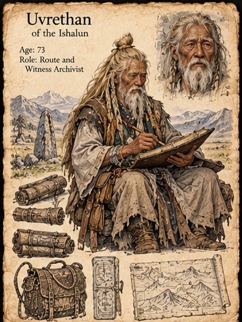 Character reference sheet showing Uvrethan of the Ishalun with long pale hair and a beard, writing in a journal beside scrolls, a satchel, and route maps.