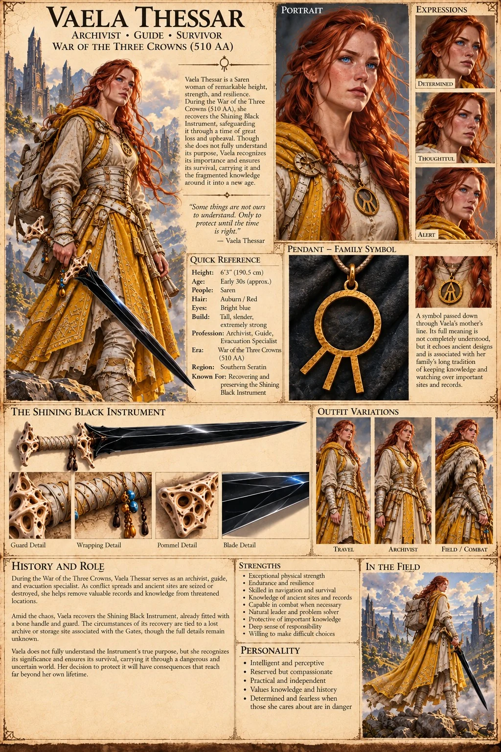 Character reference sheet with portraits, layered travel clothing, a staff, family symbols, a horn, and heirloom details.