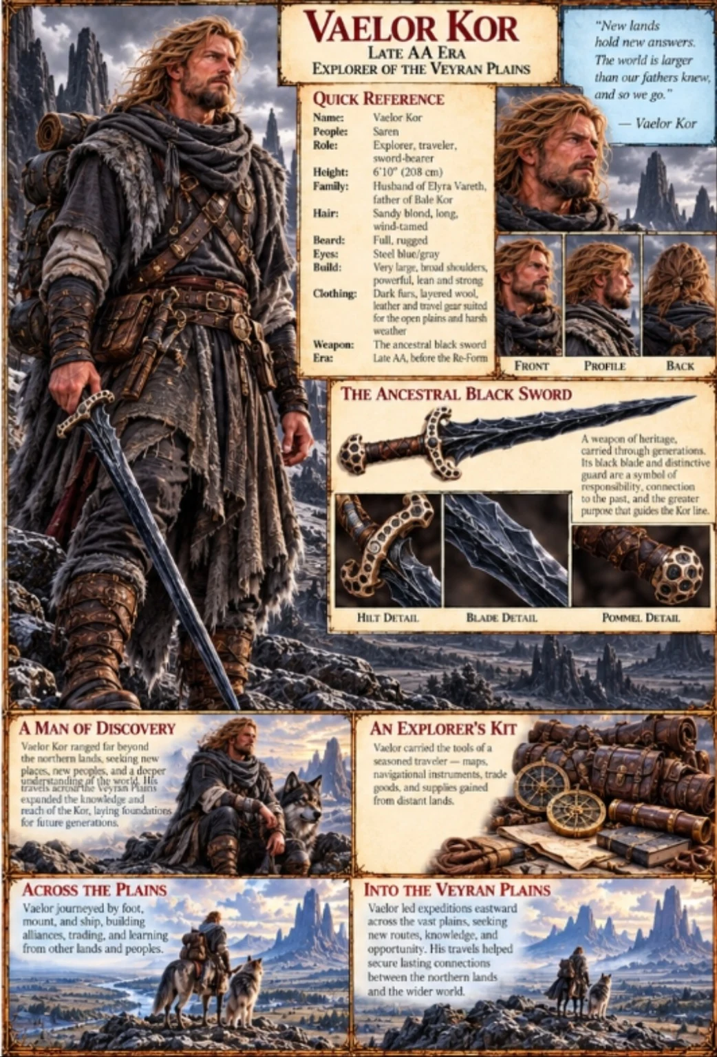 Character reference sheet showing Vaelor Kor with portraits, travel clothing, the ancestral black sword, exploration equipment, and mountain landscapes.