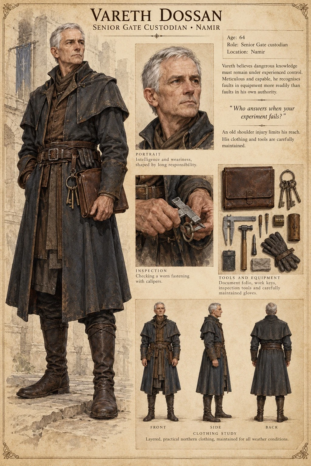 Character reference plate showing Vareth Dossan with portraits, dark robes, a journal, and gate maintenance tools.