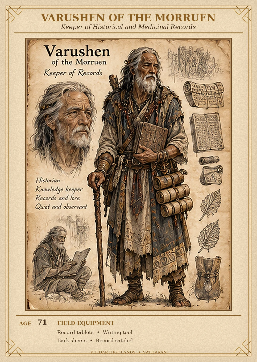 Morruen character reference sheet showing Varushen, keeper of historical and medicinal records, with portrait and rear views, birch scrolls, a wooden stylus, herb sheets, and a record satchel.