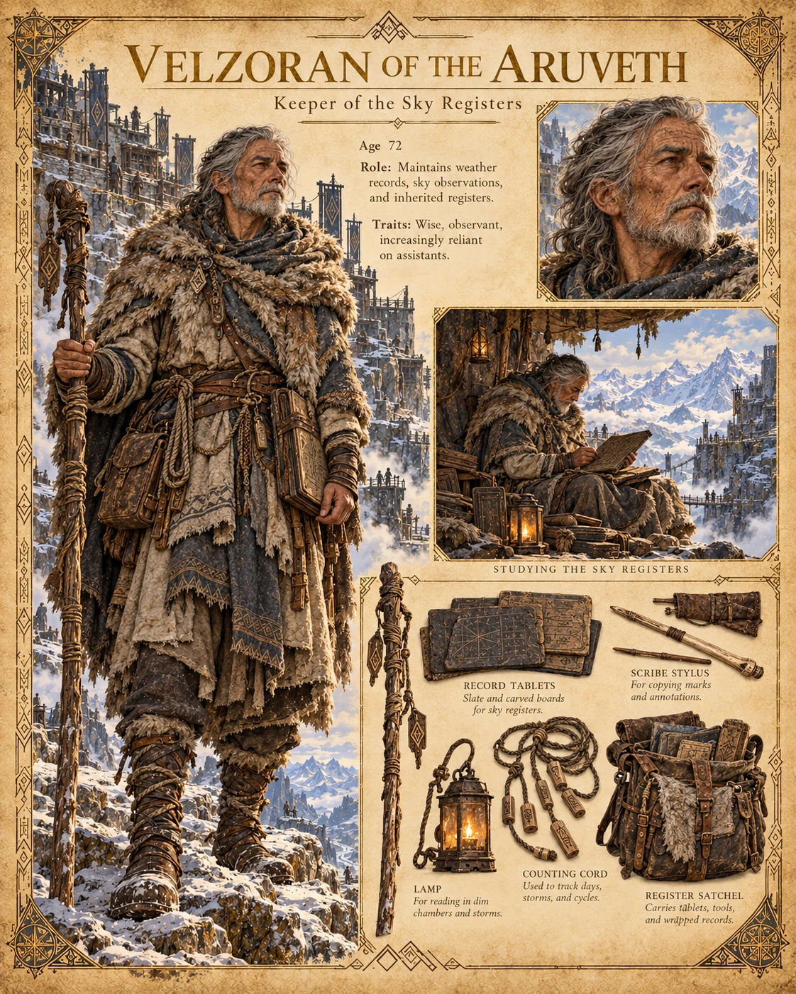 Character reference sheet showing Velzoran of the Aruveth, Keeper of the Sky Registers, with a portrait, layered mountain clothing, a record-keeping scene, tablets, writing tools, and a travel pack.