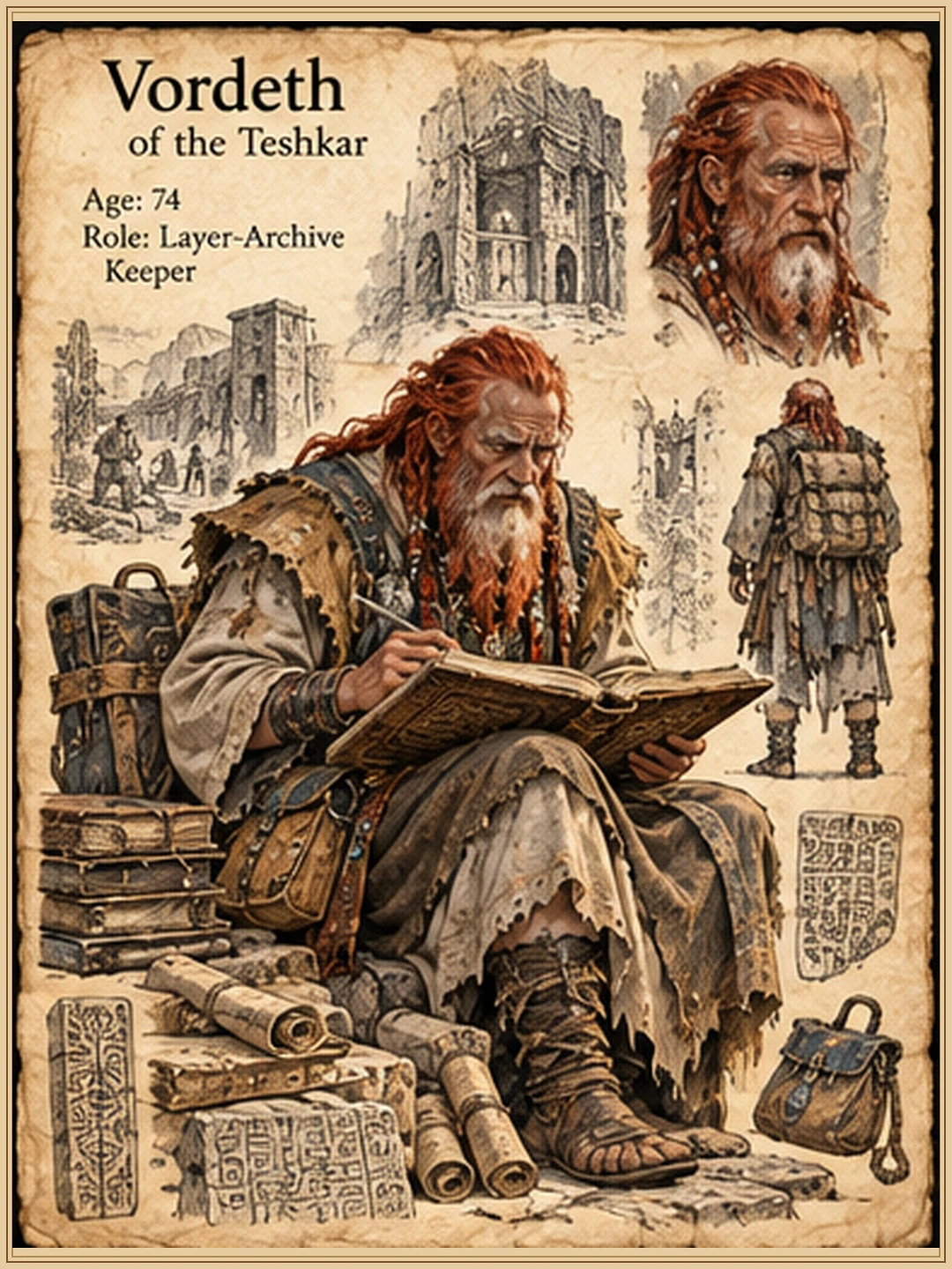 Character reference sheet showing Vordeth of the Teshkar with red hair, portrait studies, clothing, personal tools and equipment, and architectural details.