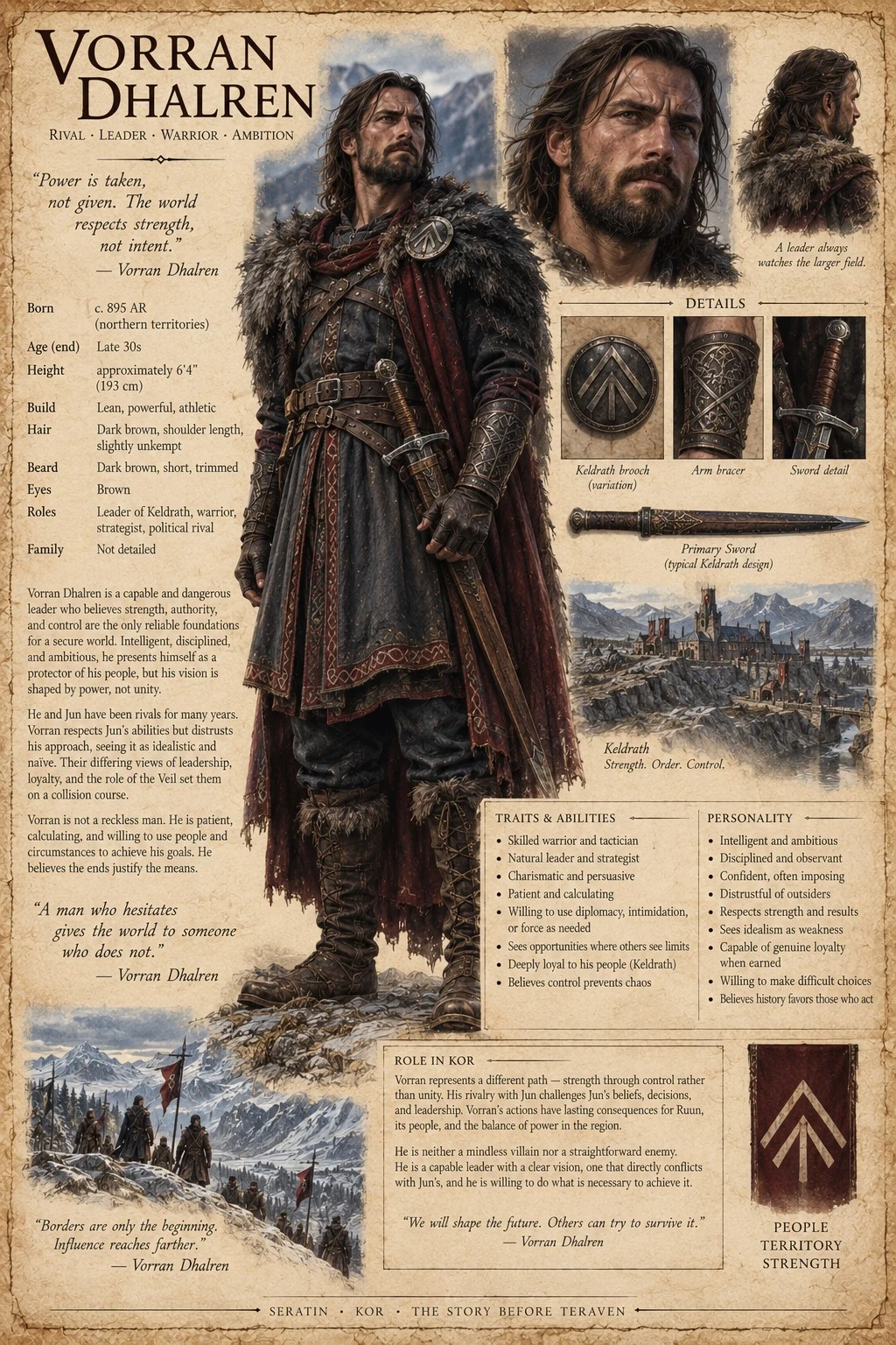 Character reference sheet with portraits, rugged travel clothing, a staff, symbols, and mountain settlement scenes.