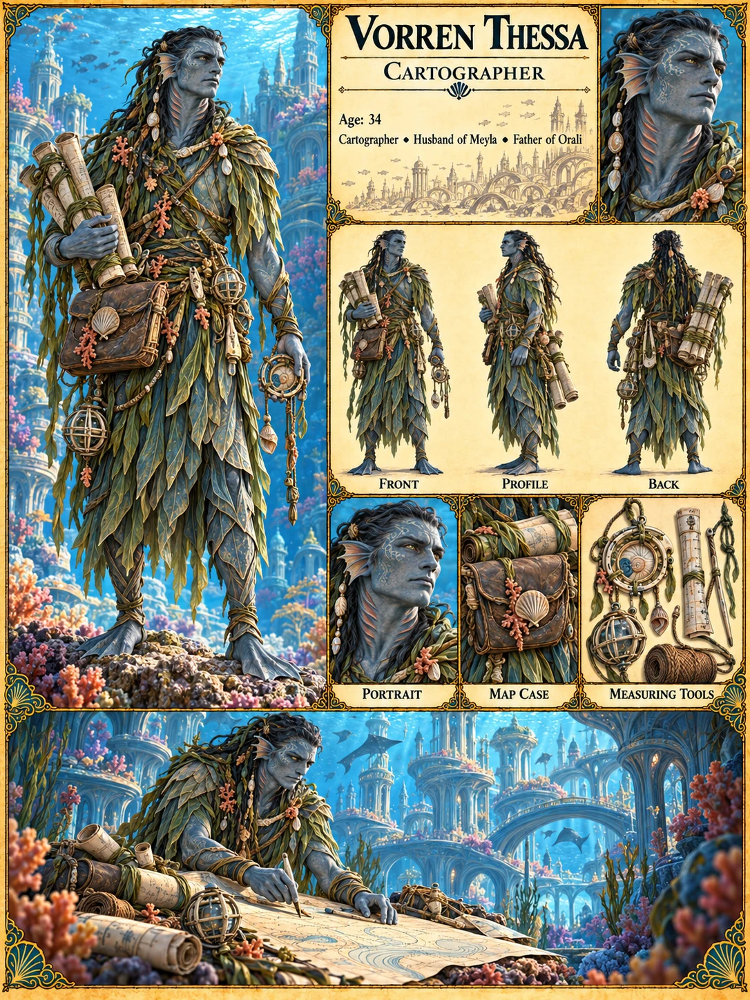 Nerathi character reference sheet showing Vorren Thessa, cartographer, with portrait studies, front, profile and back views, maps and measuring tools, and an underwater scene.
