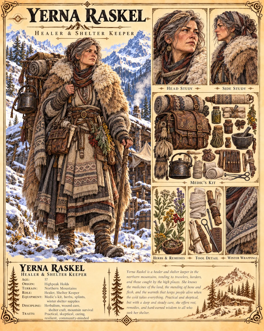 Character reference plate showing Yerna Raskel with portrait studies, a fur-lined cloak, layered clothing, a travel pack, and personal belongings, and a snowy mountain setting.