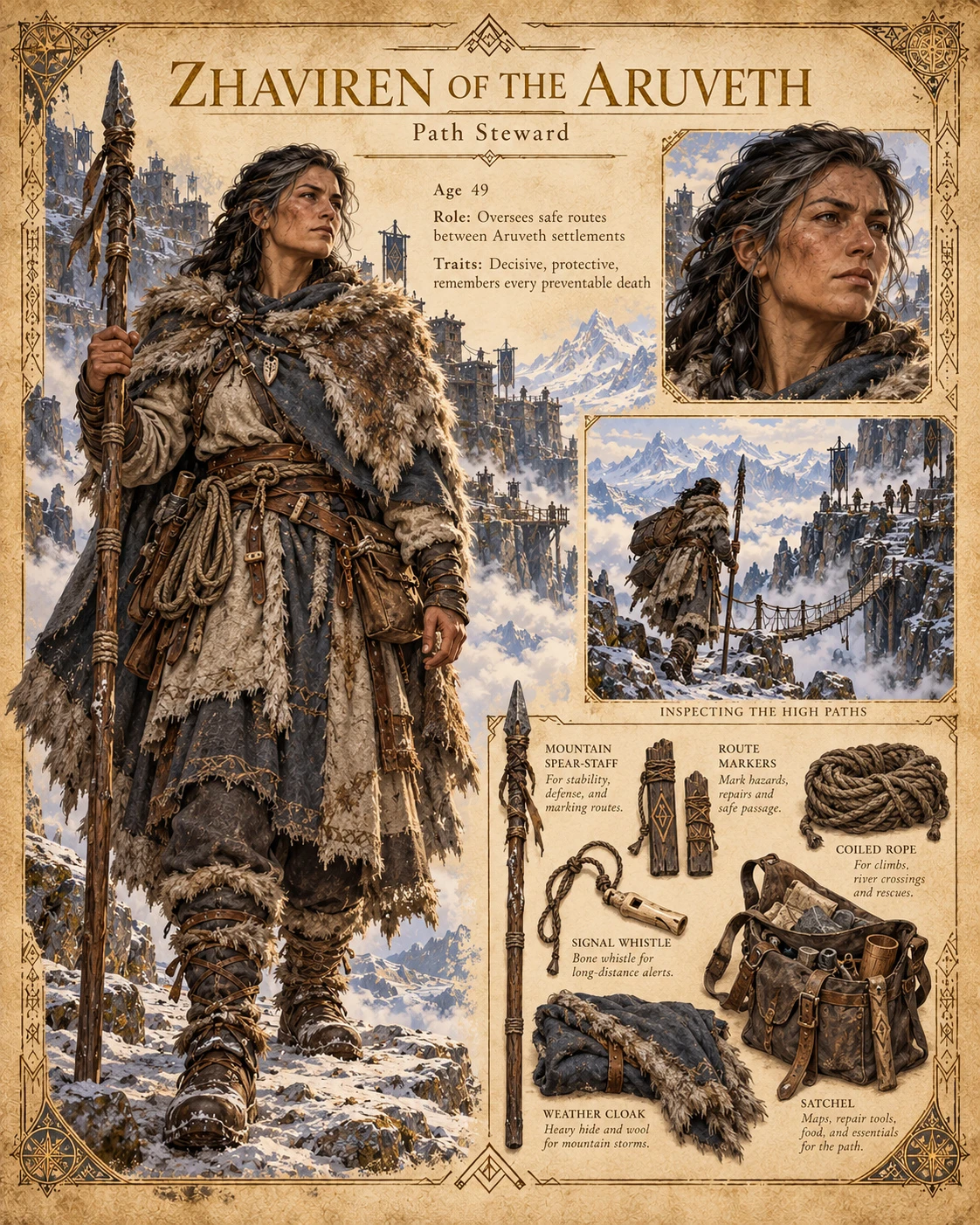 Character reference sheet showing Zhaviren of the Aruveth, Path Steward, with a portrait, fur-lined mountain clothing, a snowy mountain path, walking staff, rope, tools, and a travel pack.