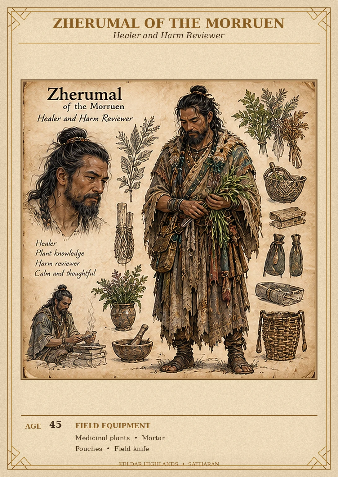 Morruen character reference sheet showing Zherumal, healer and harm reviewer, with portrait and rear views, medicinal plants, wooden bowls, pouches, and field tools.