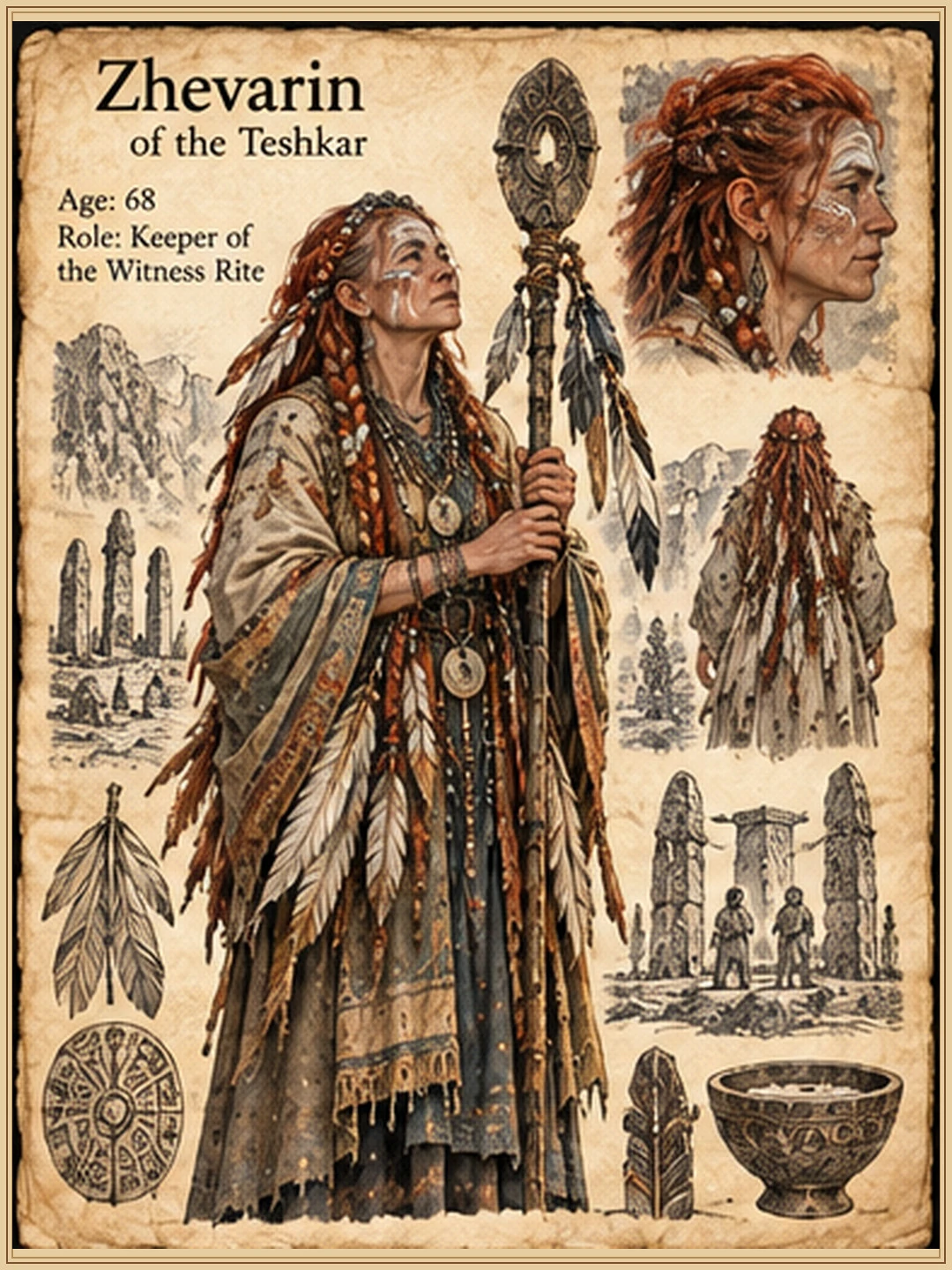 Character reference sheet showing Zhevarin of the Teshkar with red hair, portrait studies, clothing, personal tools and equipment, and architectural details.