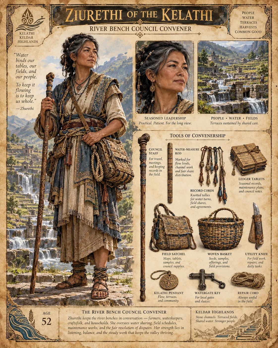 Character reference sheet showing Ziurethi of the Kelathi, River Bench Council Convener, with a portrait, layered clothing, terraced river landscapes, a staff, record cords, ledger tablets, and field supplies.