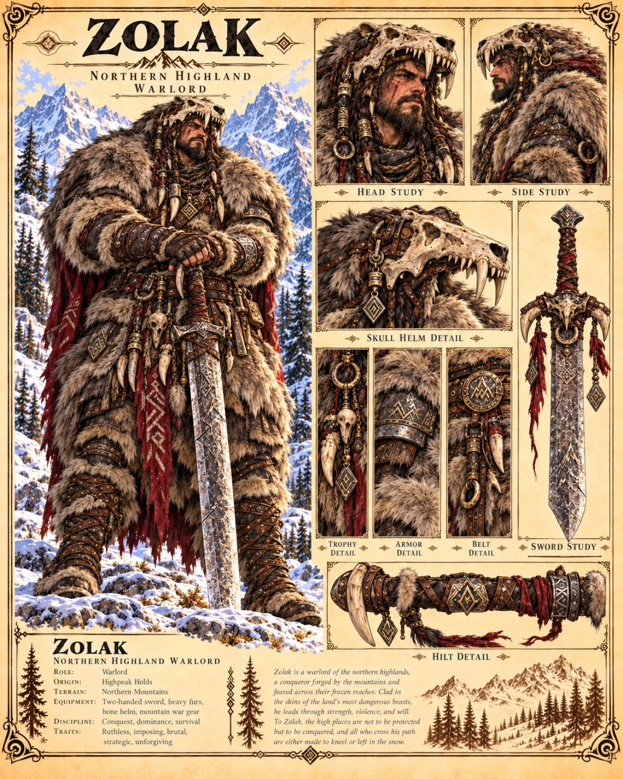 Zolak in heavy fur clothing and a bear-head hood, with portrait, hood, sword, and belt studies.
