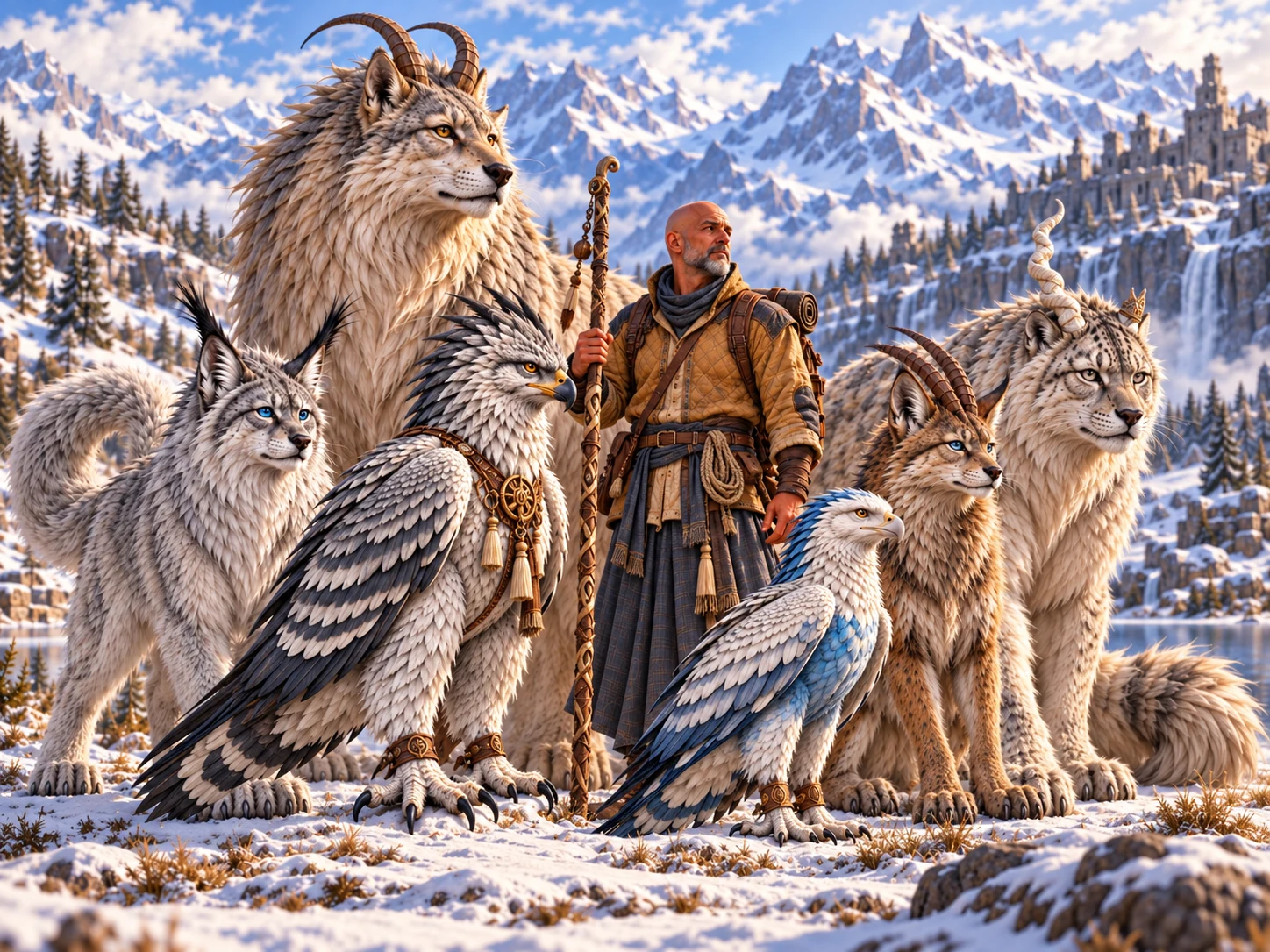 A bald wanderer carrying a staff stands with five winter beasts, including horned, feline, and feathered companions, in a snowy mountain landscape.