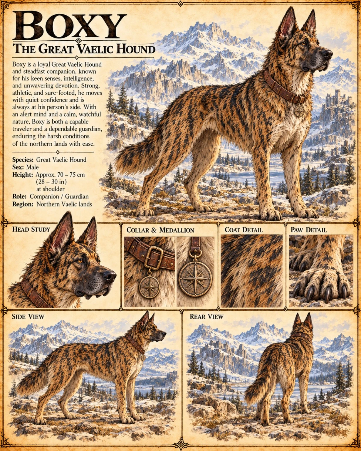 Boxy, a Great Vaelic Hound, with collar and medallion details, head and paw studies, and side and rear views.