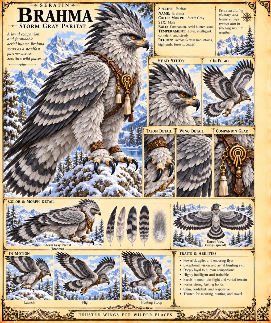Winter reference sheet showing Brahma, a storm gray Paritat, with gold Renn emblems, feather and talon details, and flight studies in snowy mountains.