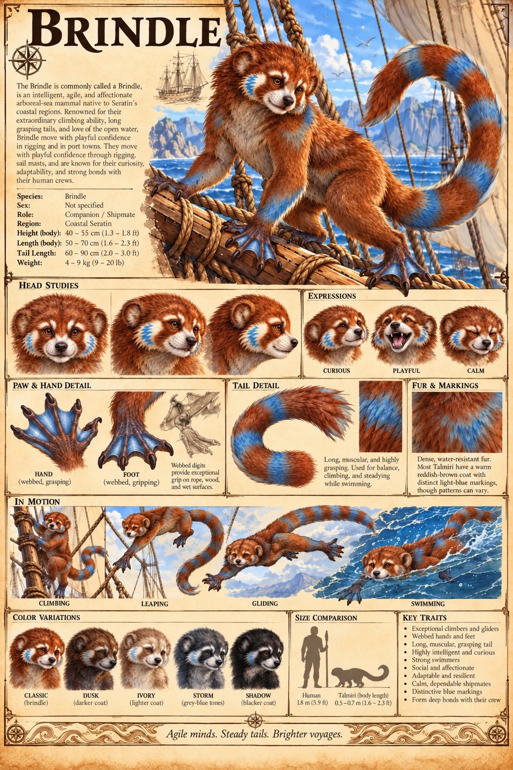 Companion reference sheet showing Brindle, a red, large-eyed animal with a striped tail, aboard a sailing ship, with expressions, paw details, and coat variations.