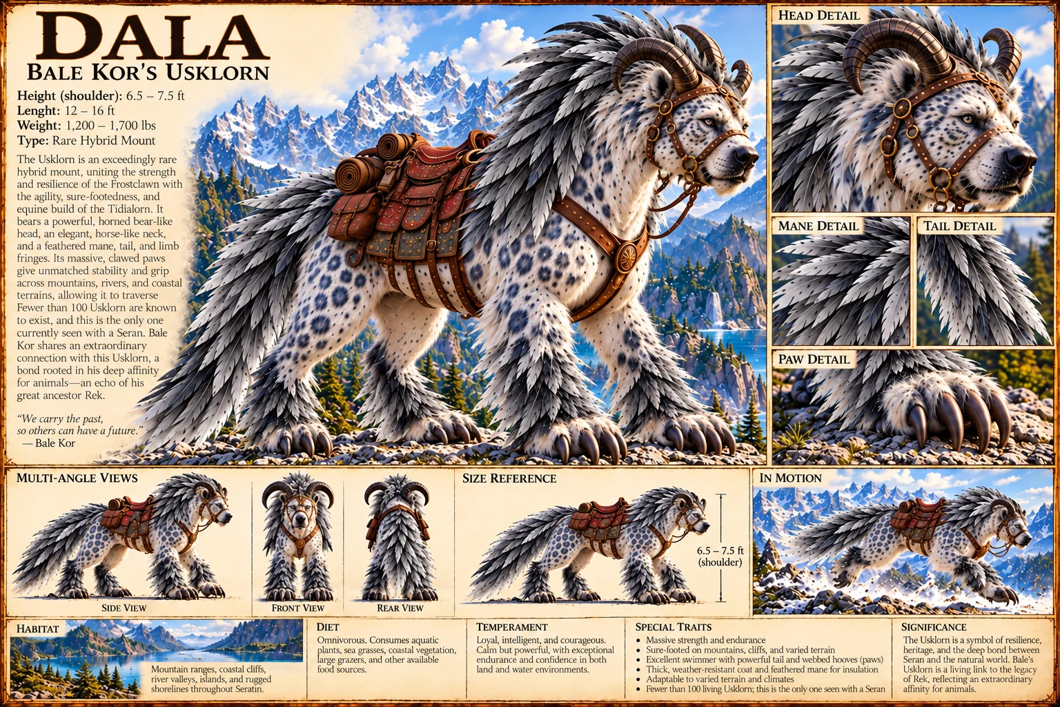 Dala, Bale Kor’s silver-white, snow-spotted Usklorn with curled horns and a feathered grey mane and tail, stands in a red saddle and leather harness in snowy mountains, with head, mane, tail and paw details, side, front and rear views, a size reference, an in-motion study, and notes on habitat, diet, temperament, special traits and significance. Of fewer than 100 Usklorn, Dala is the only one seen with a Seran.