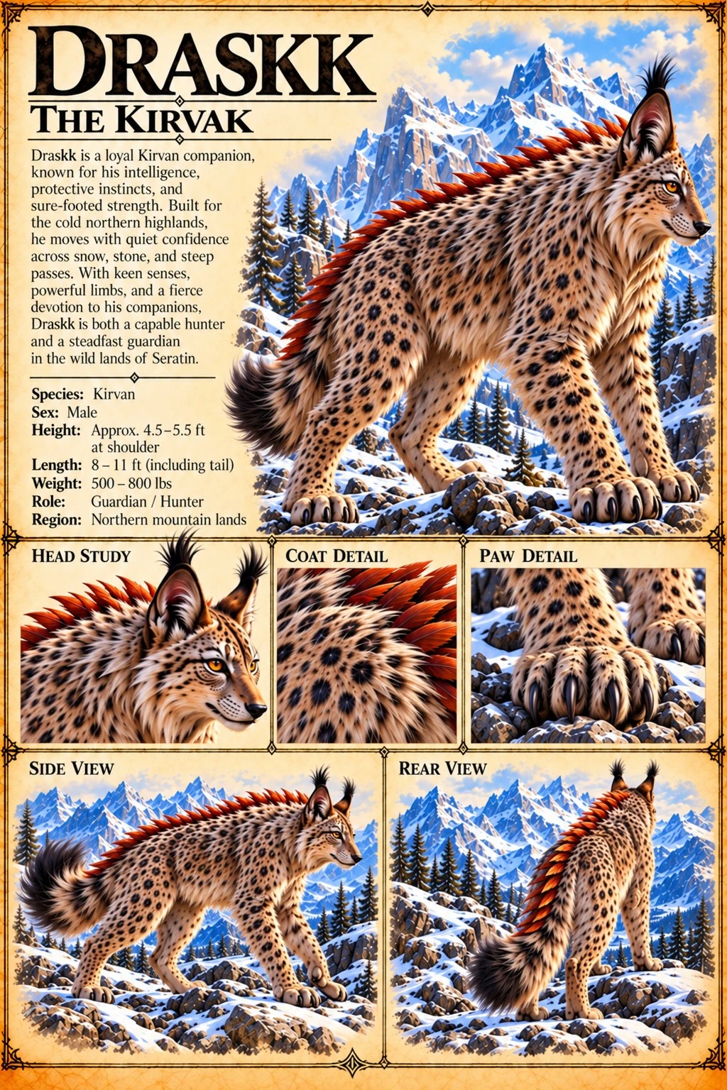 Draskk, a spotted Kirvak with a red crest, with head, coat, and paw details and multiple body views.
