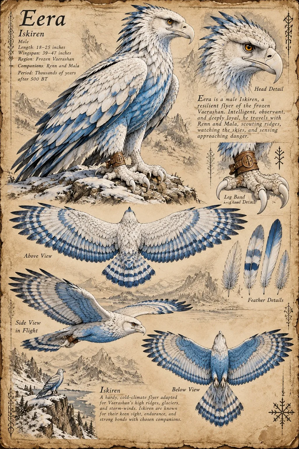 Eera, a blue and white Iskiren of frozen Vaerashan who travels with Renn and Mala, with head, leg band, and feather details and above, below, and in-flight views.