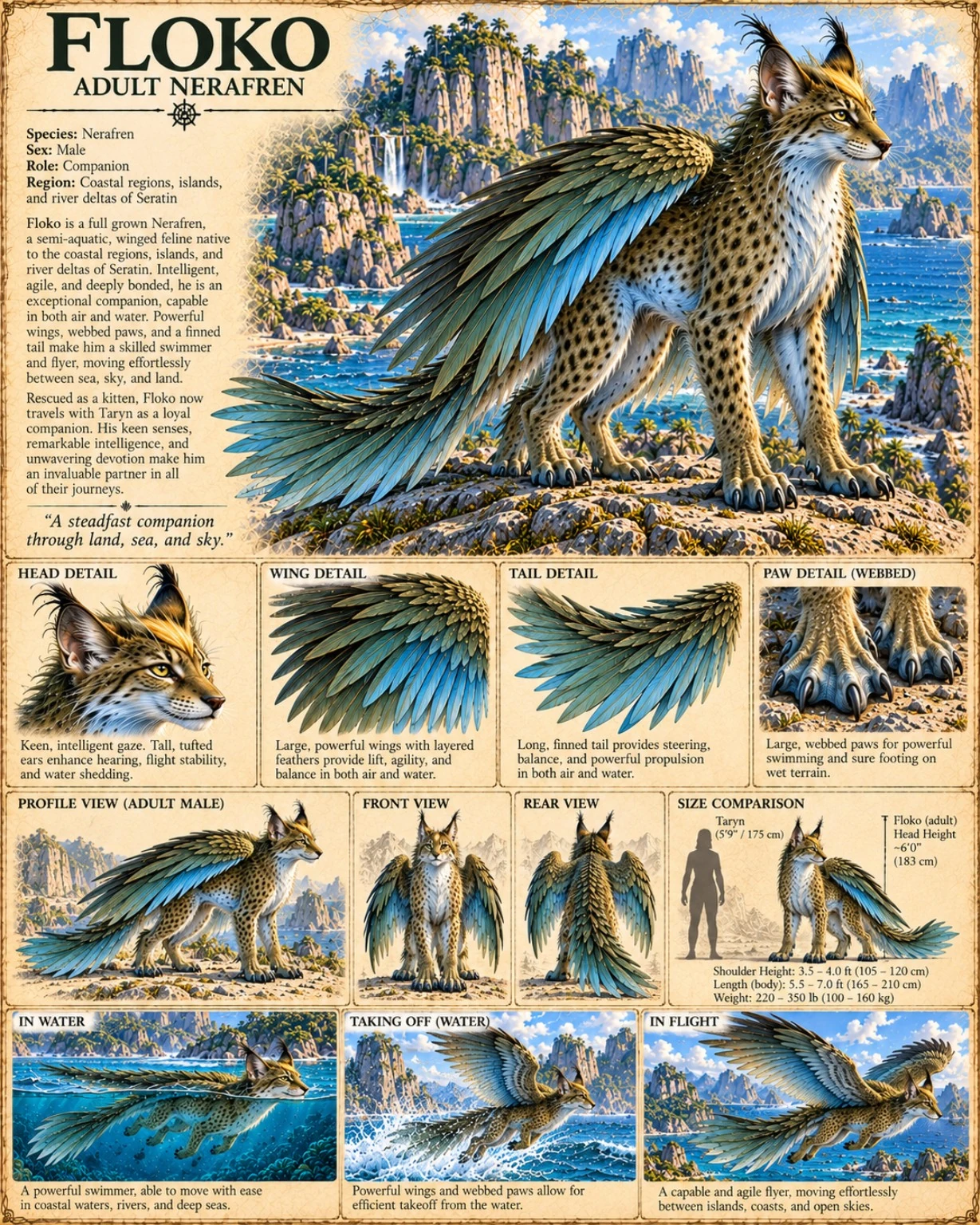 Floko, an adult Nerafren, with blue and gold plumage, wing and tail studies, and a flight view.