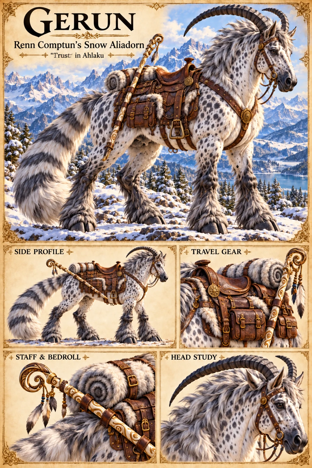 Reference sheet showing Gerun, Renn Comptun’s spotted Snow Aliadorn, saddled in snowy mountains, with side profile, travel gear, staff and bedroll, and head studies.