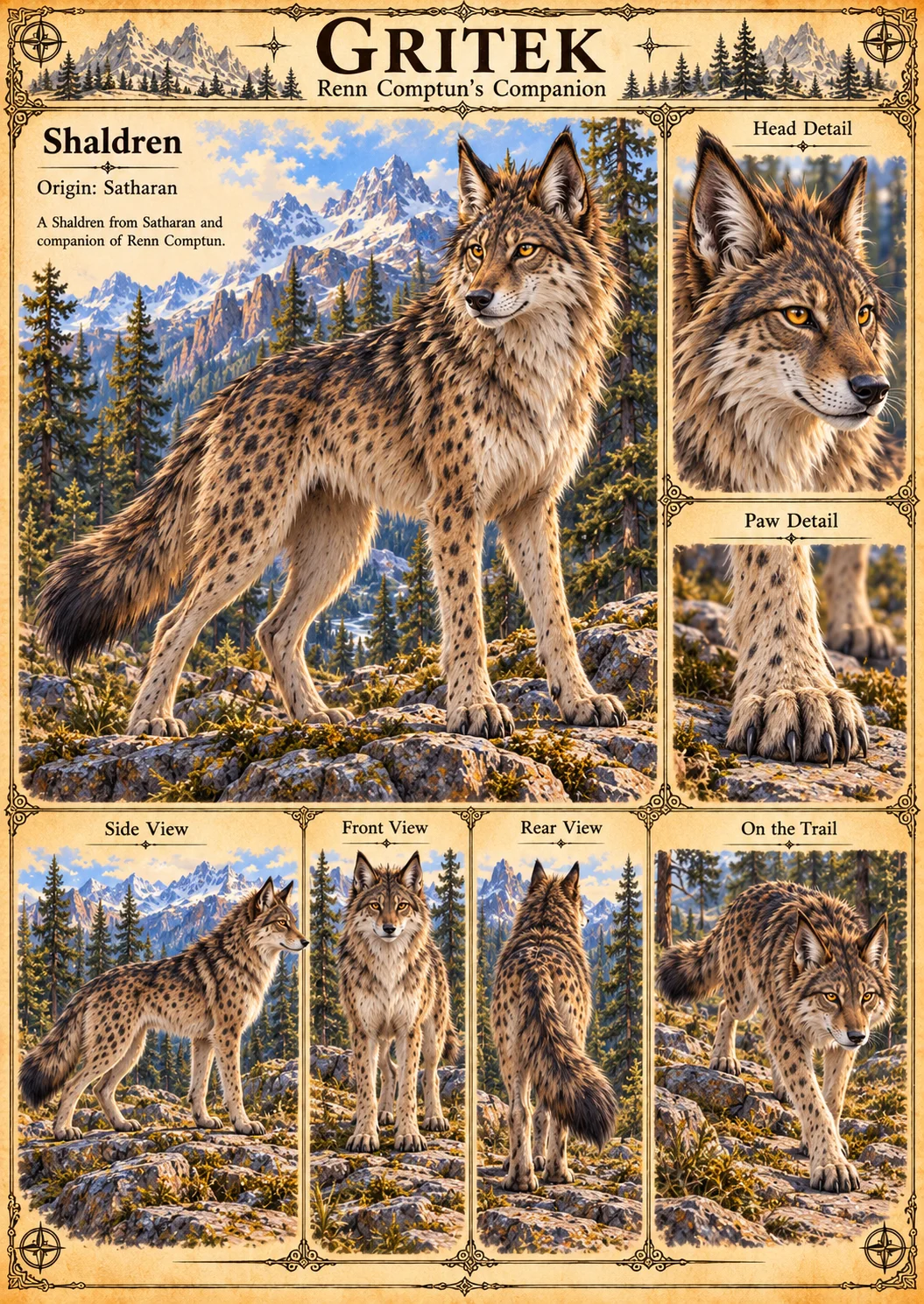 Gritek, Renn Comptun’s companion, a spotted, lynx-like Shaldren from Satharan, stands on a rocky mountain slope, with head and paw details, side, front and rear views, and an on-the-trail study.