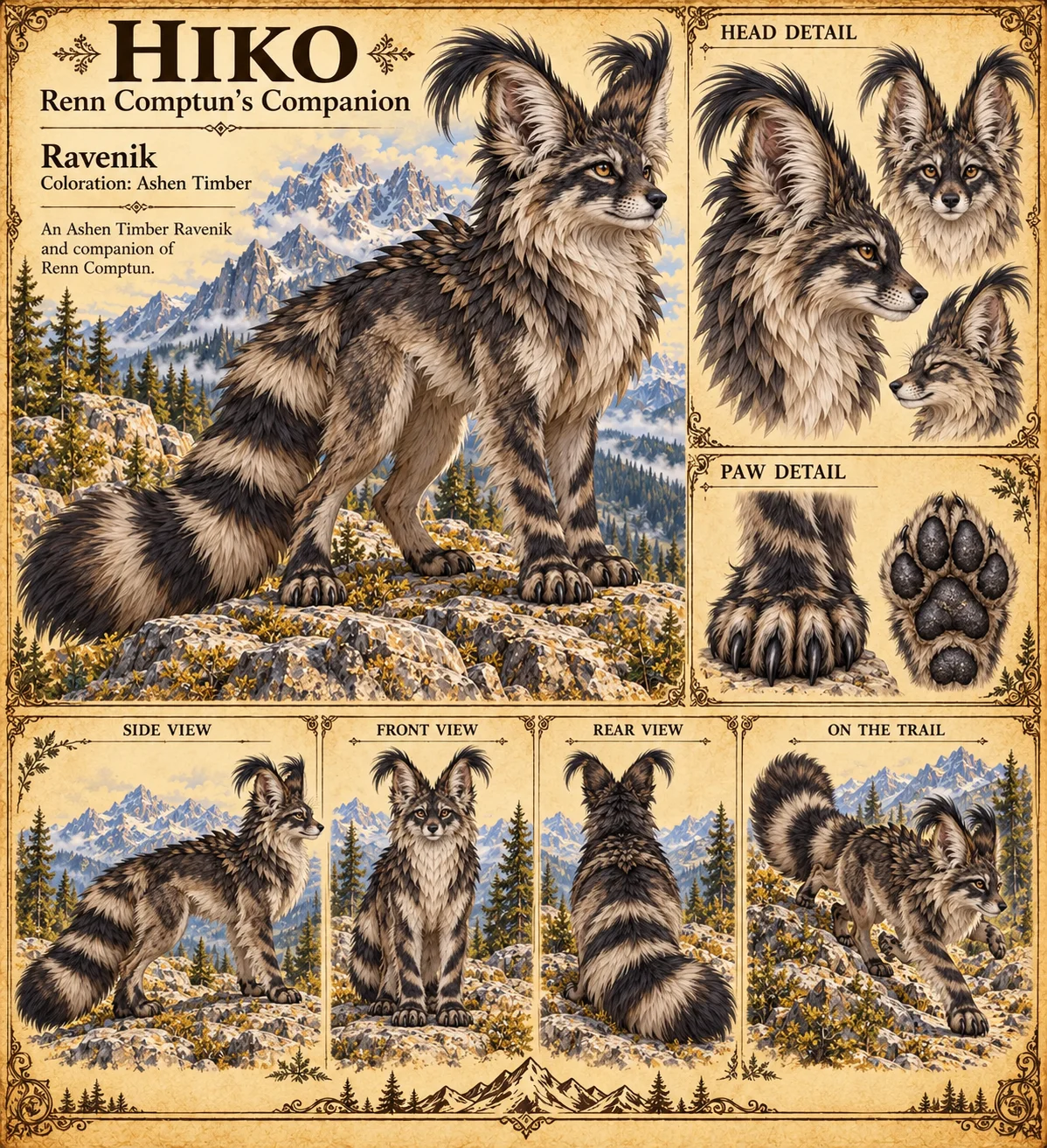 Hiko, Renn Comptun’s companion, an Ashen Timber Ravenik with tufted ears and a ringed, bushy tail, sits on a rocky outcrop in snowy mountains, with head and paw details, side, front and rear views, and an on-the-trail study.