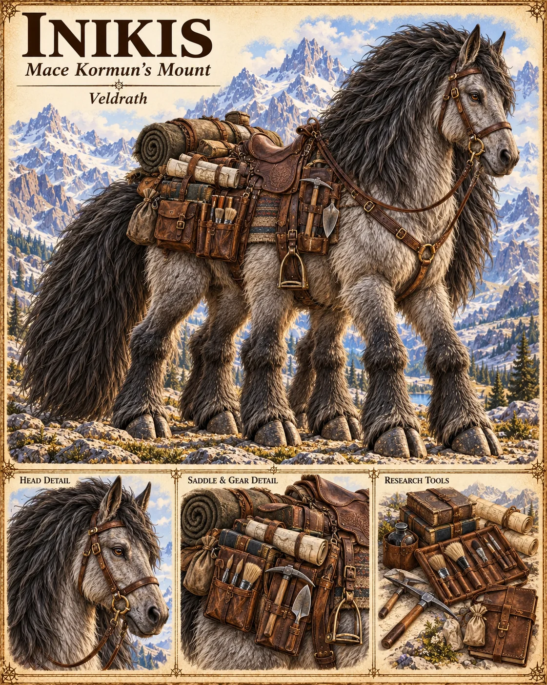 Inikis, Mace Kormun’s shaggy grey six-legged mount of Veldrath, stands saddled and laden with bedroll, scrolls, books and digging tools in snowy mountains, with head, saddle and gear, and research tool studies.