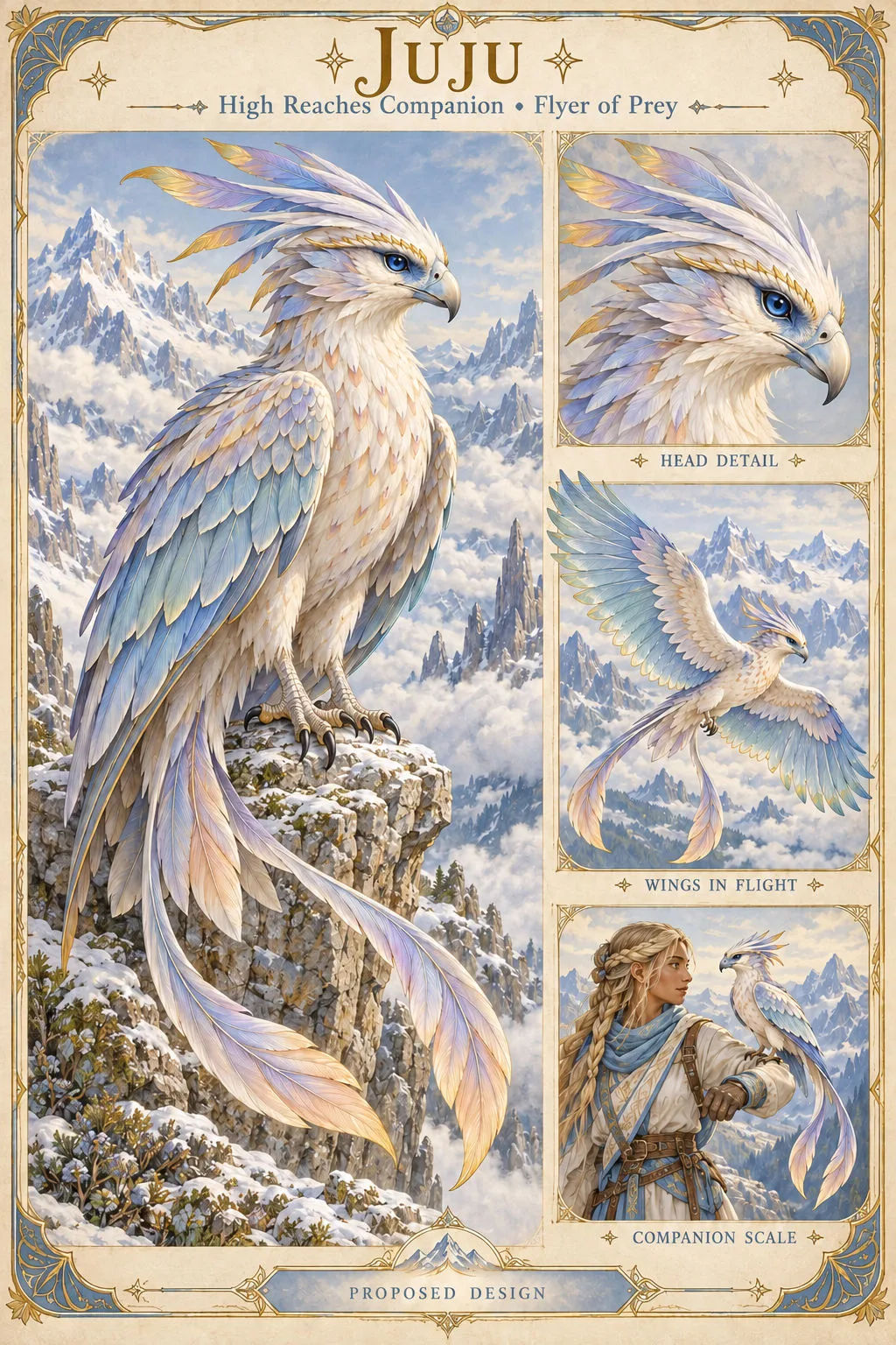 Juju, a High Reaches companion and flyer of prey, a crested, iridescent white bird with pale blue, lilac and gold feathers and long trailing tail plumes, perched on a snowy crag above the clouds, with a head study, a view of its wings in flight, and a companion-scale scene of it resting on the arm of a braided Seran.