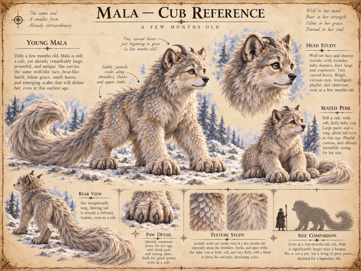 Reference plate showing Mala as a young cub, with front and rear views, a seated pose, paw and coat studies, and a size comparison.