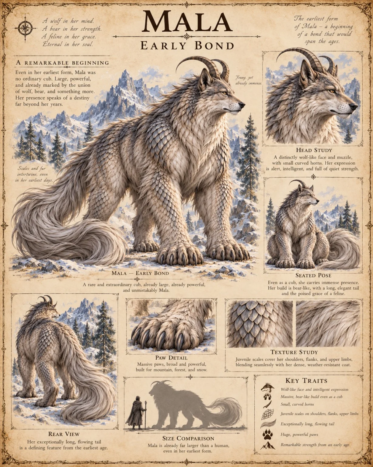 Reference plate showing Mala during the early bond, with snowy mountain scenery, seated and rear views, head and paw studies, and coat details.