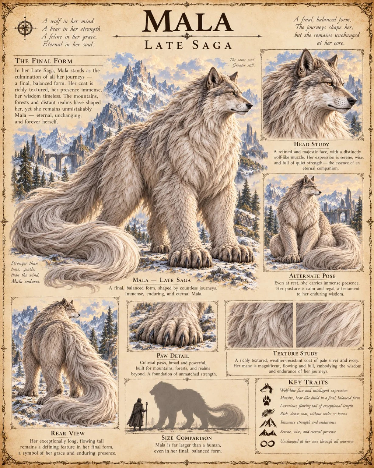 Reference plate showing Mala in the late saga, with seated and standing views, head and paw details, coat studies, and a size comparison.