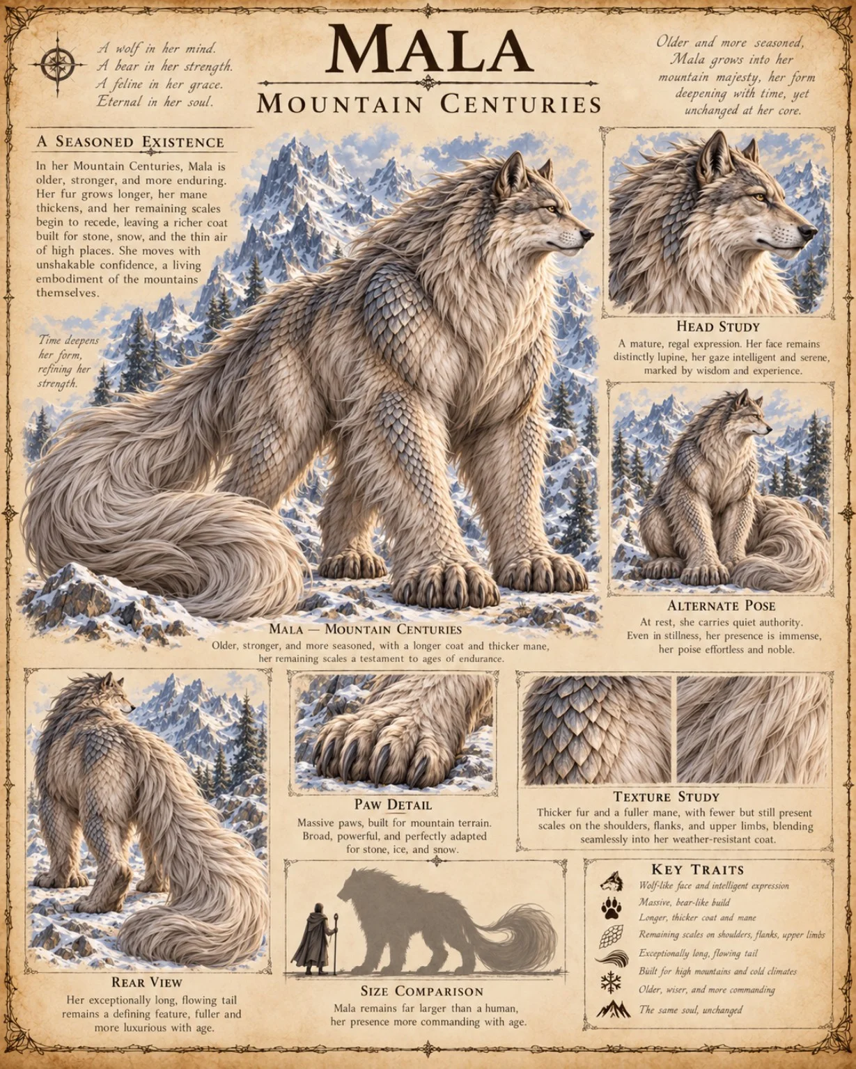 Reference plate showing Mala in snowy mountains, with head and rear views, paw and coat studies, and a human size comparison.
