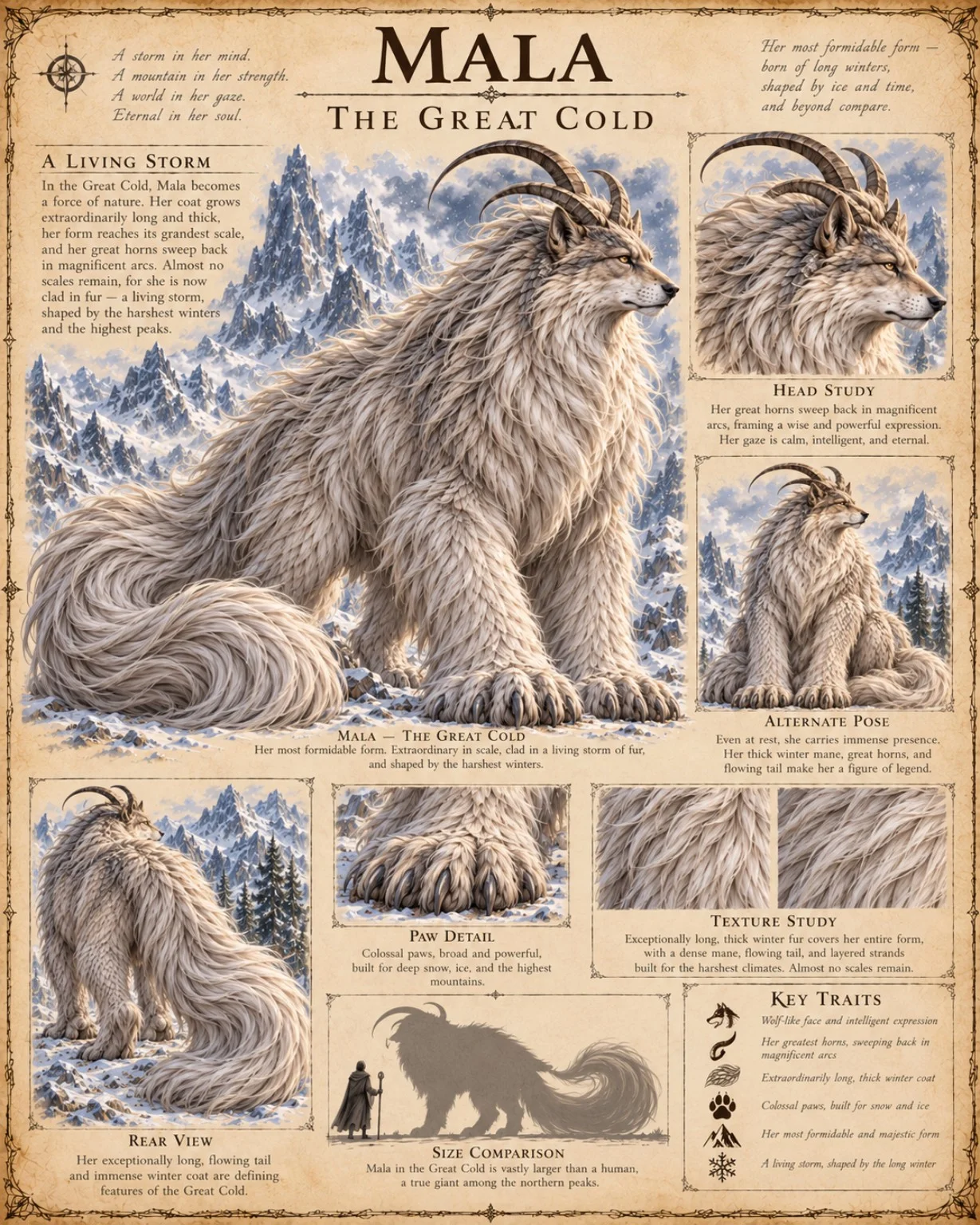 Reference plate showing Mala during the Great Cold, with a thick winter coat, snowy mountains, head and paw studies, and a size comparison.