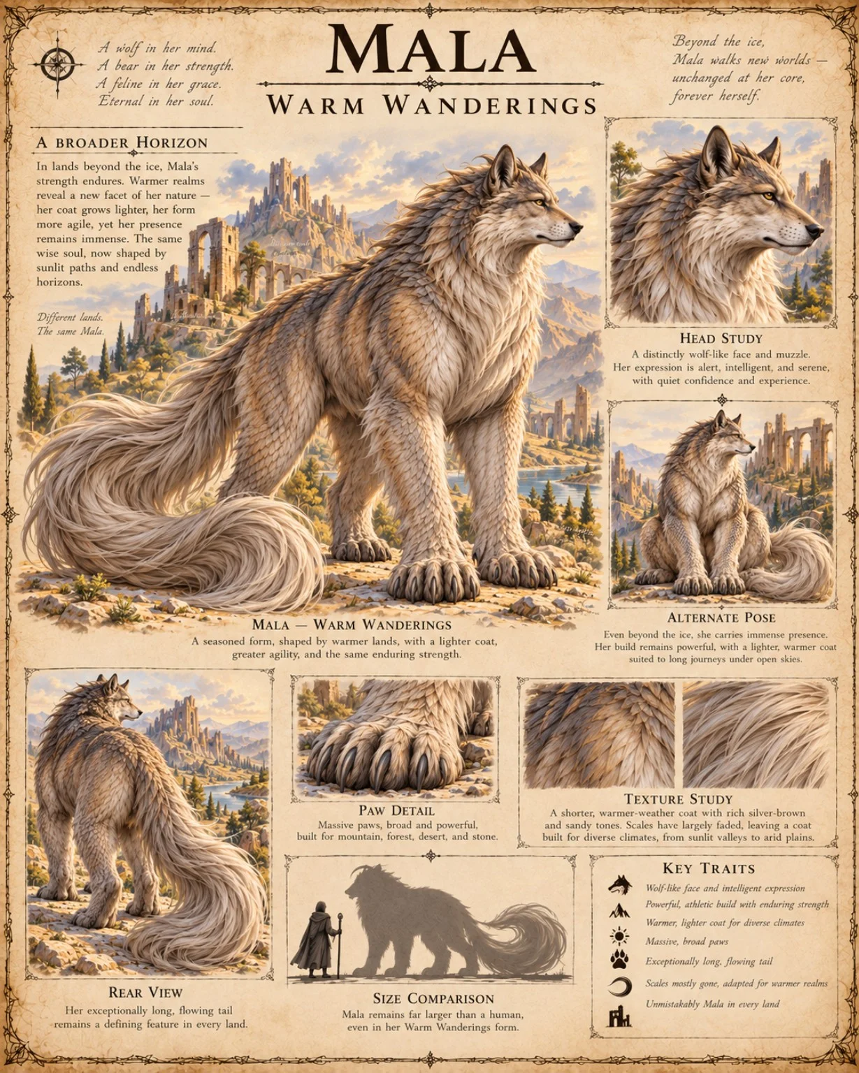 Reference plate showing Mala in a warm rocky landscape, with seated and rear views, a head study, paw and coat details, and a size comparison.