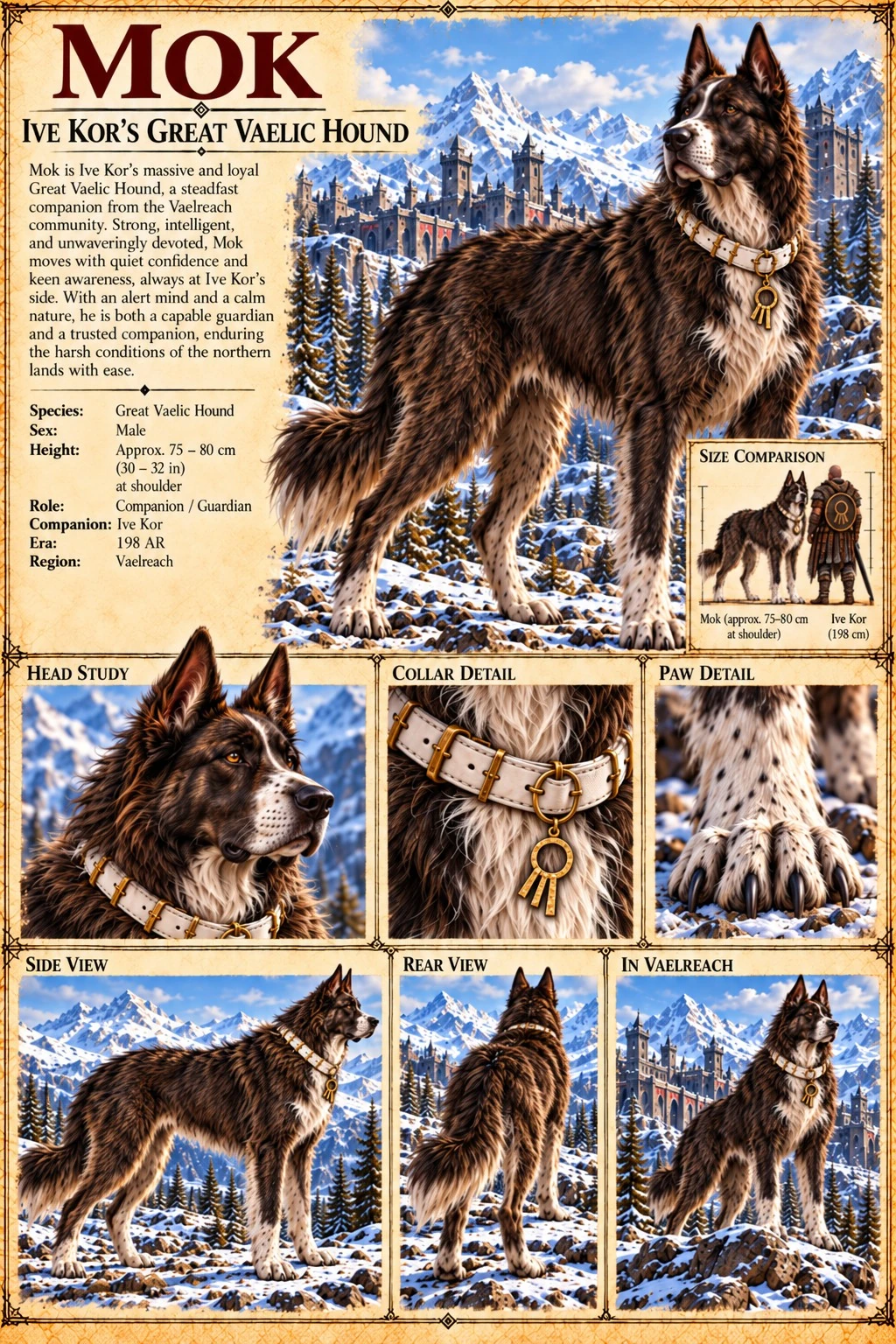 Mok, Ive Kor’s Great Vaelic Hound, with collar, head, coat, and paw studies and multiple body views.