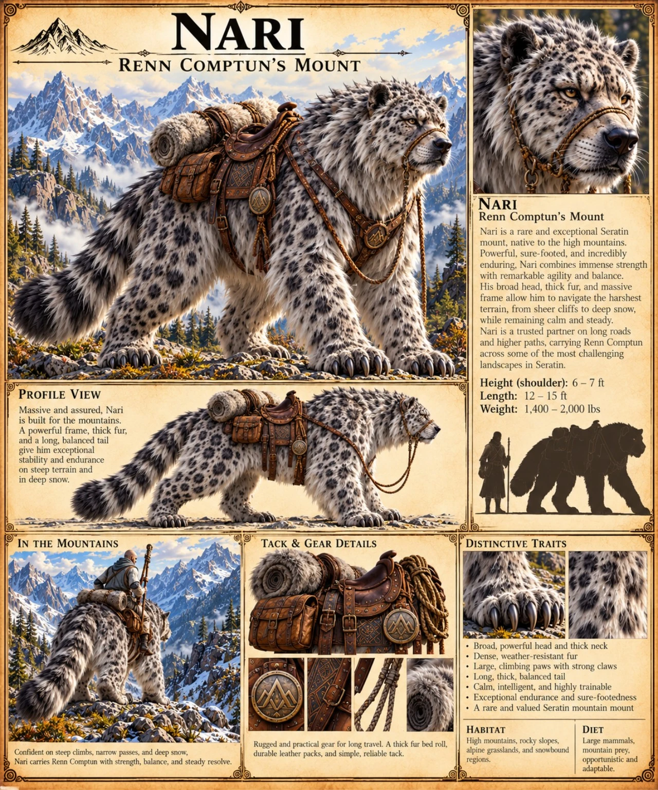 Reference sheet showing Nari, Renn Comptun’s spotted mountain mount, with a portrait, profile view, saddle and travel gear details, paw and fur studies, and a human size comparison.