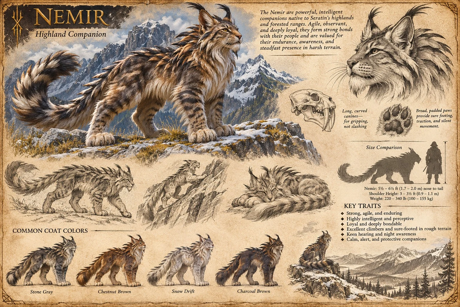 Highland companion reference sheet showing a striped, tufted-eared animal among rocks, with coat colors, head studies, tracks, and scale comparisons.