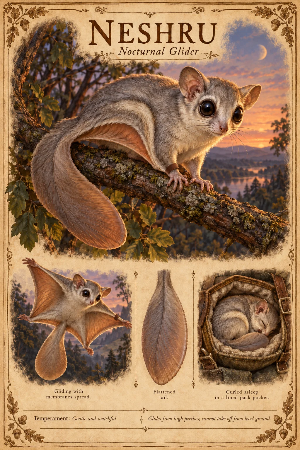 Neshru, a large-eyed, grey nocturnal glider with a leather leg band, perches on a branch at dusk, with studies of it gliding with membranes spread, its flattened tail, and curled asleep in a lined pack pocket. Gentle and watchful; it glides from high perches but cannot take off from level ground.