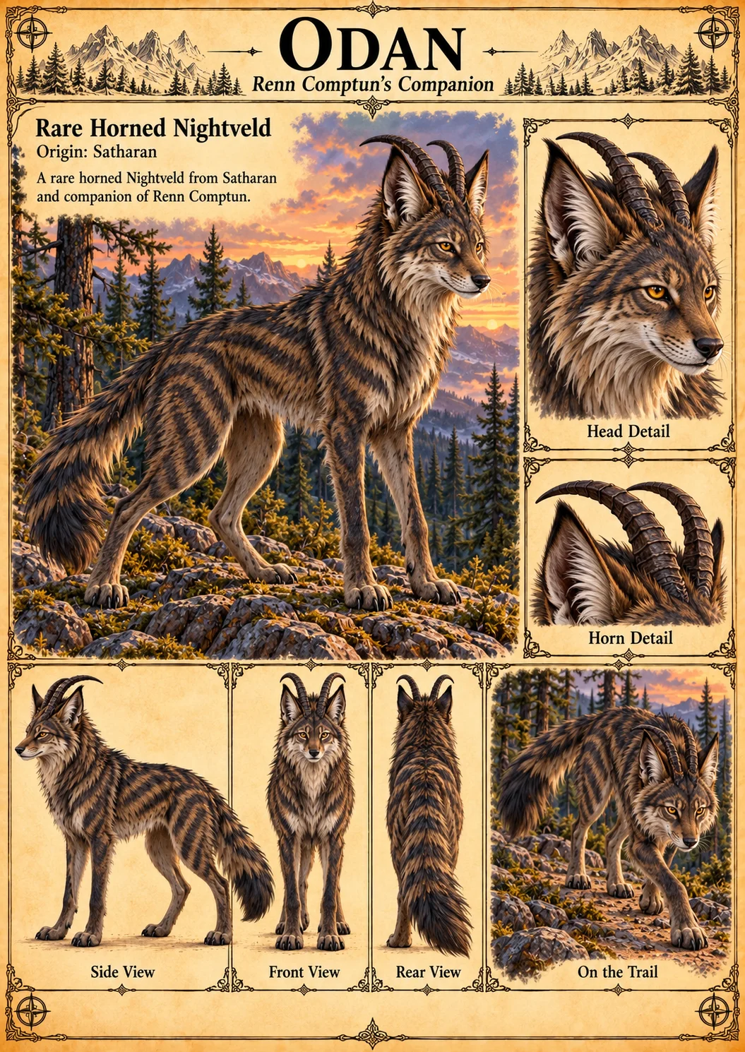 Odan, Renn Comptun’s companion, a rare horned Nightveld from Satharan with a dark-striped coat and swept-back curved horns, stands on a ridge at sunset, with head and horn details, side, front and rear views, and an on-the-trail study.