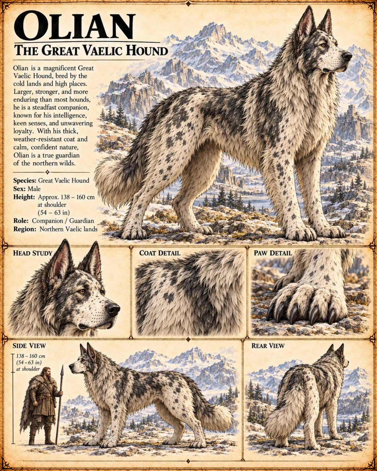 Olian, a spotted Great Vaelic Hound, with head, coat, and paw studies and a human size comparison.