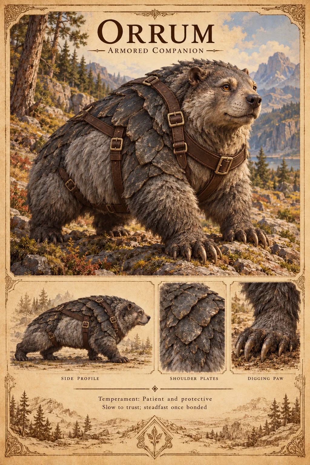 Orrum, a stocky, bear-like companion with plated shoulders and a fitted leather harness, stands on a rocky mountain slope, with side profile, shoulder plate, and digging paw studies. Patient and protective; slow to trust, steadfast once bonded.