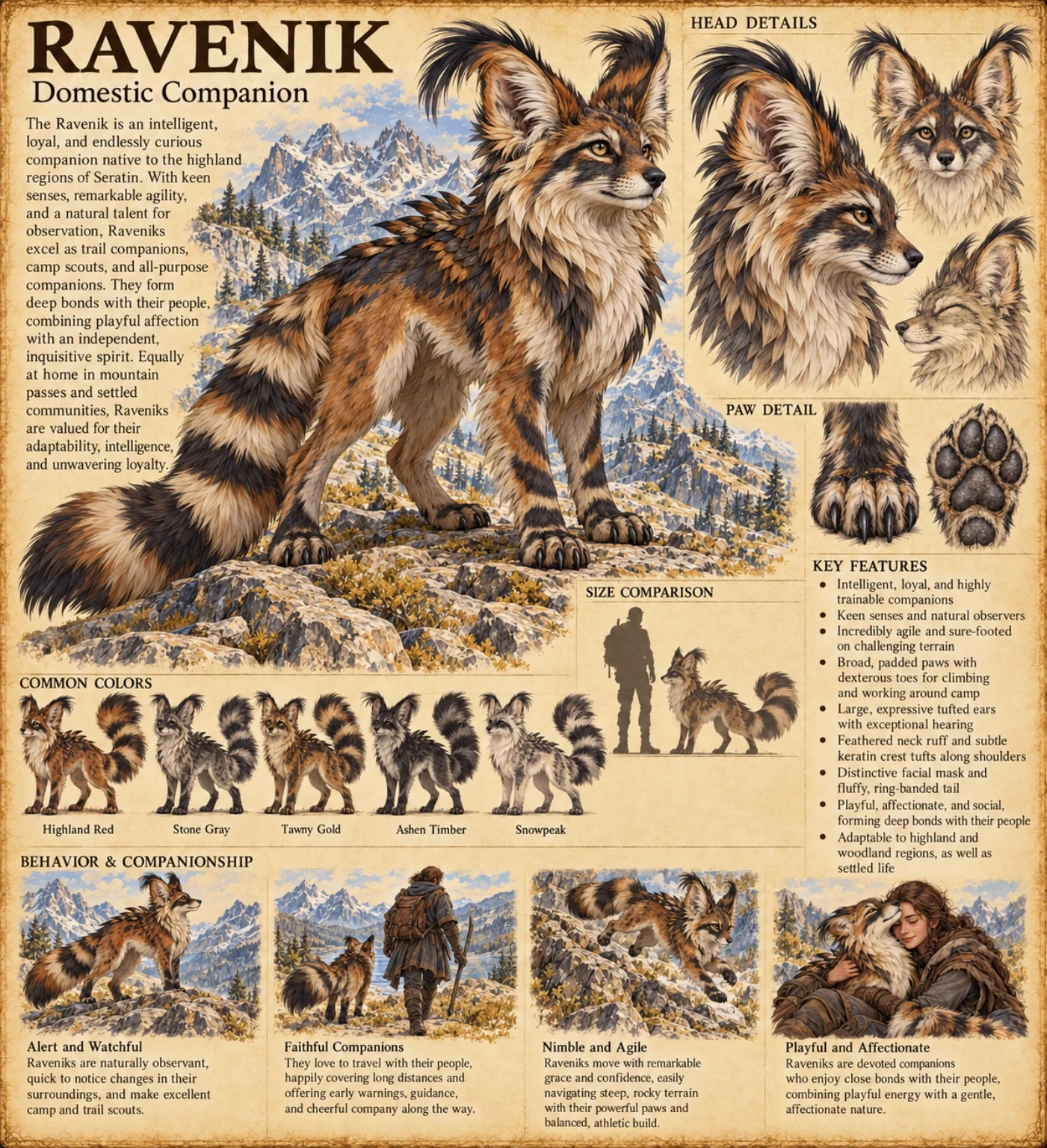 Domestic companion reference sheet showing a large-eared, bushy-tailed animal with head studies, paw details, coat colors, and companionship scenes.