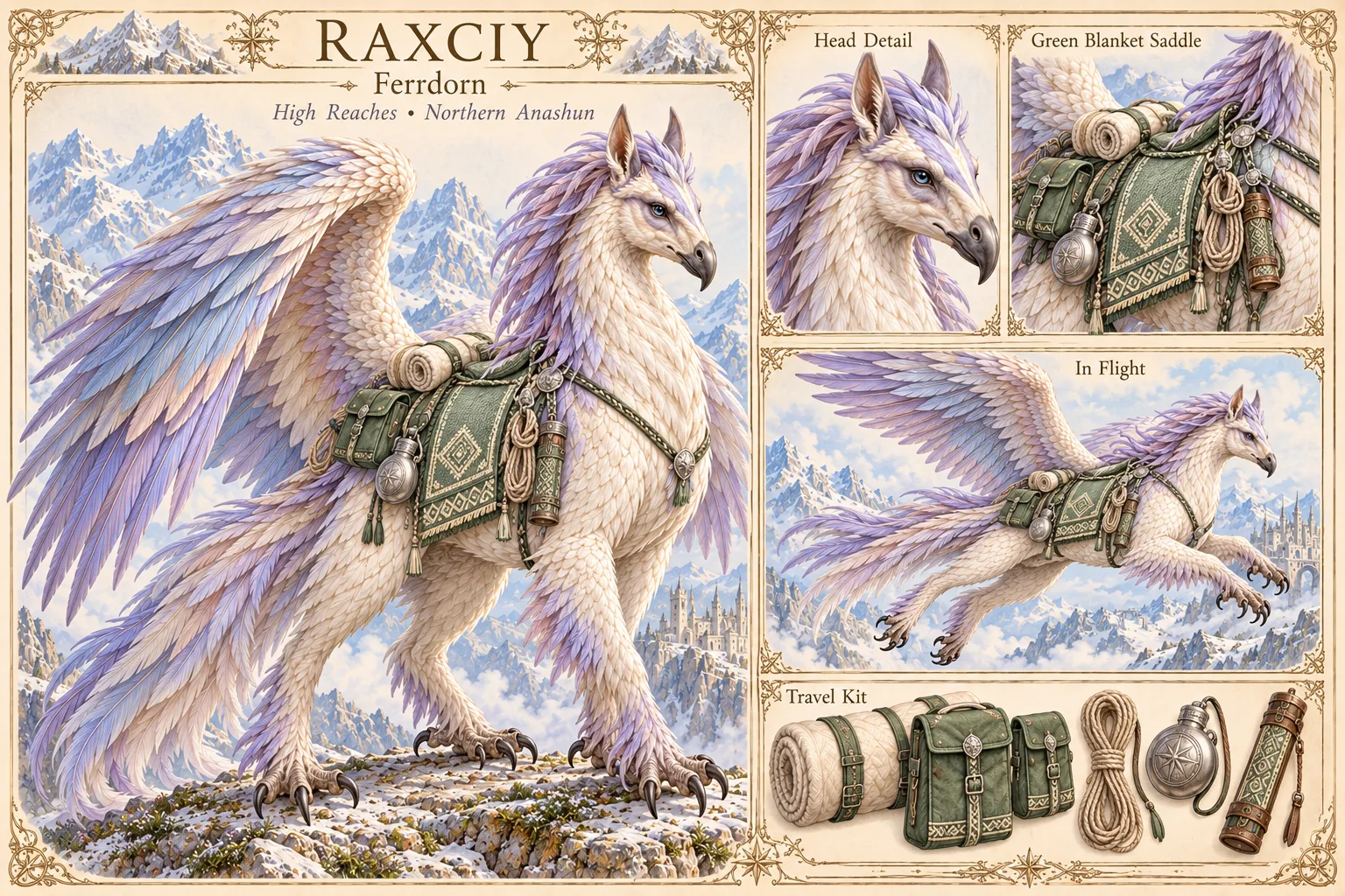 Raxciy, a lavender and cream Ferrdorn of the High Reaches in northern Anashun, stands winged and saddled with a green blanket saddle on a snowy mountain crag, with head detail, saddle, in-flight, and travel kit studies.