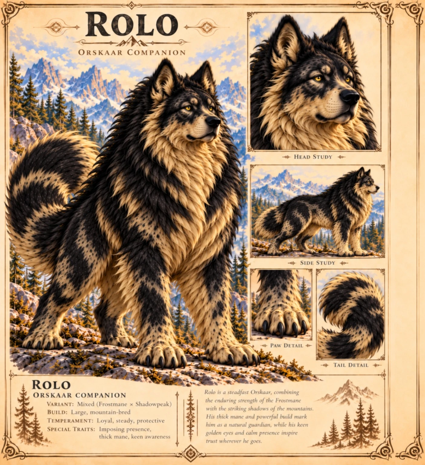 Rolo, a black and gold Orskaar companion, with head, side, paw, and tail studies in a mountain landscape.