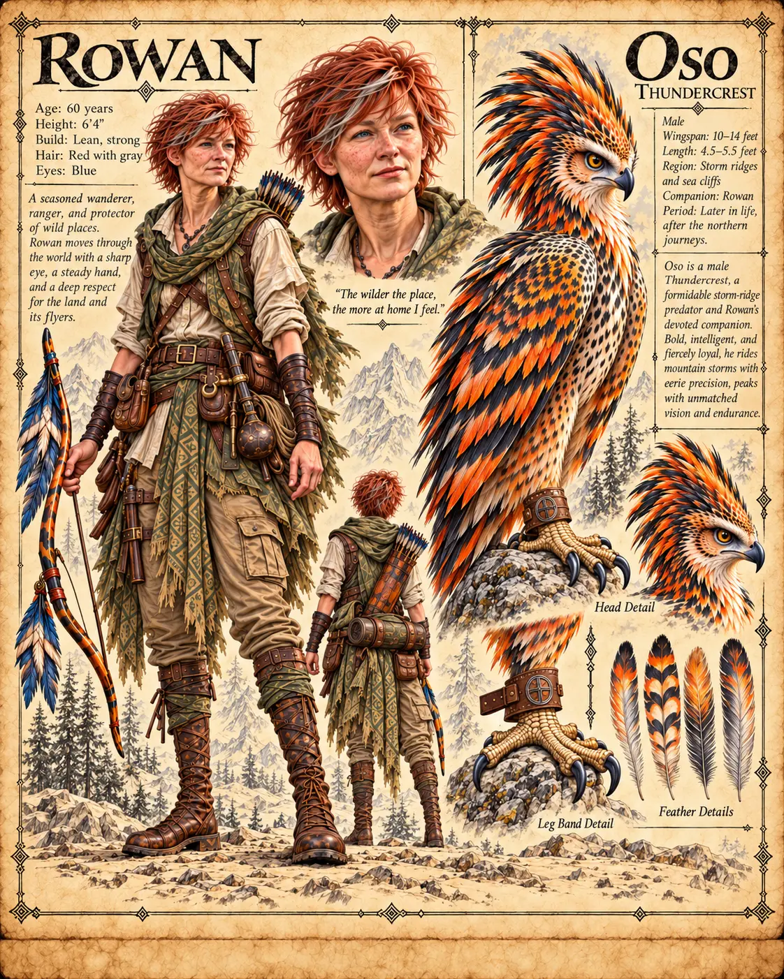Field guide sheet of Oso, Rowan’s male Thundercrest, a storm-ridge flyer with a spiked orange and black crest and spotted, barred orange plumage, perched on a rock, with head, leg band and feather details, beside Rowan, a 60-year-old red- and grey-haired ranger in a ragged green mantle with a feathered bow, quiver and belt pouches, shown in a portrait and front and back views.