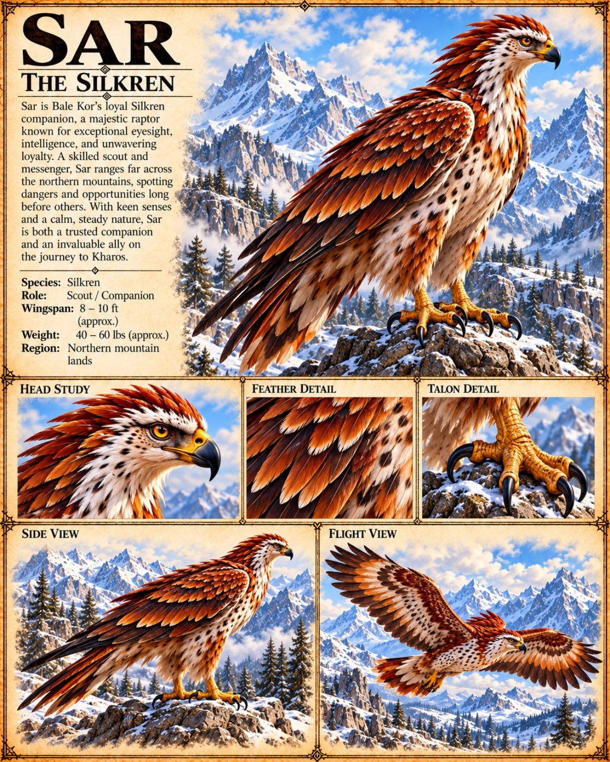 Sar, a red and gold feathered Silkren, with head, wing, and talon studies and a flight view.