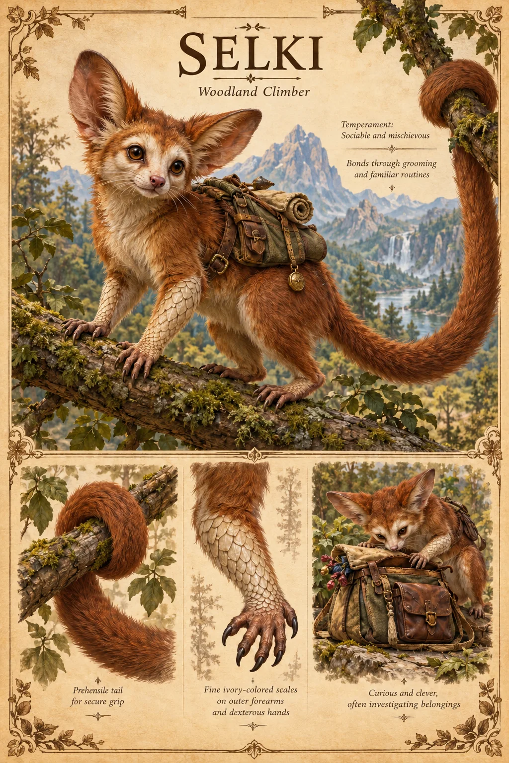Selki, a russet, large-eared woodland climber with ivory-scaled forearms and a small pack, climbs a mossy branch above a mountain valley, with studies of its prehensile tail, scaled forearm and hand, and rummaging through a bag. Sociable and mischievous; bonds through grooming and familiar routines.